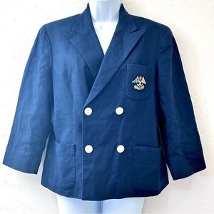 AMERICAN LIVING Womens Navy Double Breasted Linen Blazer Embroidered Crest Sz 12